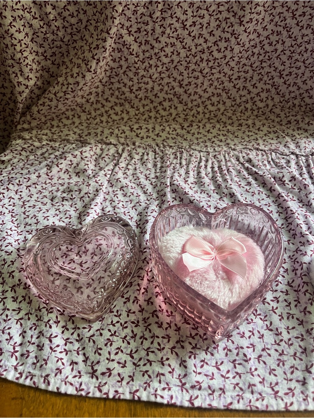 Pink Heart Shaped Glass Powder And Trinket Box with Plush Heart Pillows